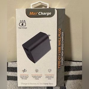 Max Charge Type C + USB~ 2 Port Wall Plug~NIB!